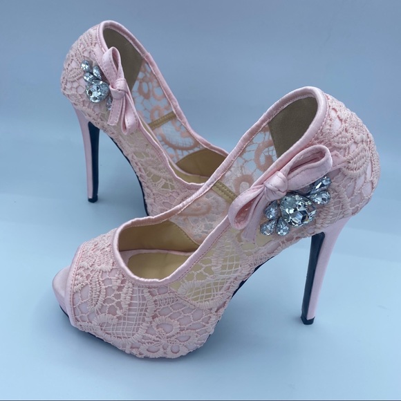 Pink Lace heels Peep Toe Rhinestone Platform Shoes - Picture 9 of 12